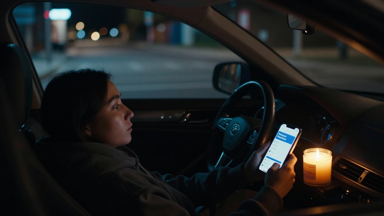 A person in a hoodie looks at a smartphone screen in a parked car, a handmade candle beside them.