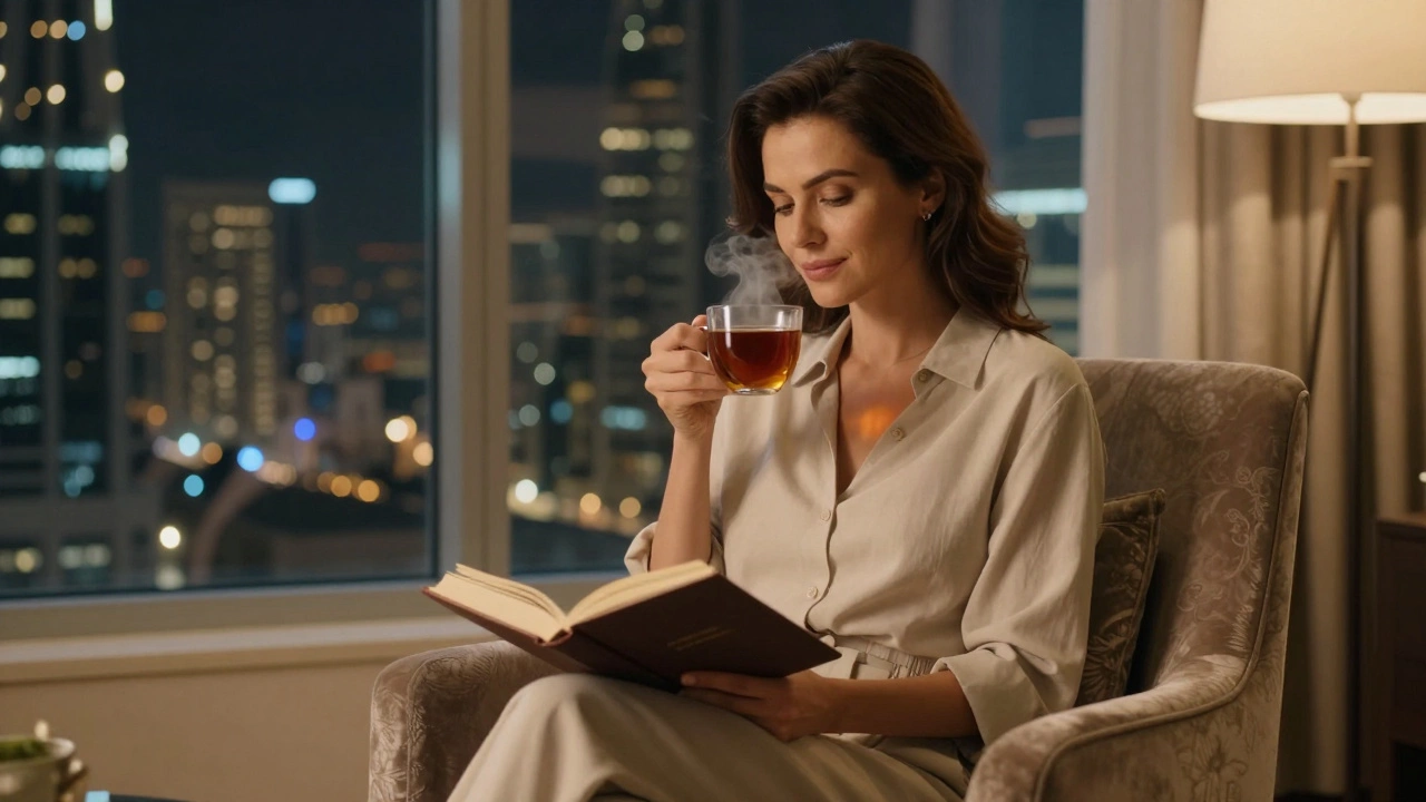 A Russian woman sits calmly in a Dubai hotel room, sipping tea as the city glows outside.