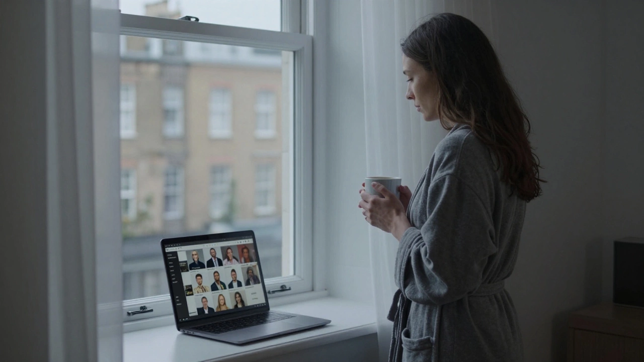 A woman stands by a London window, her reflection showing escort profiles on a laptop screen.