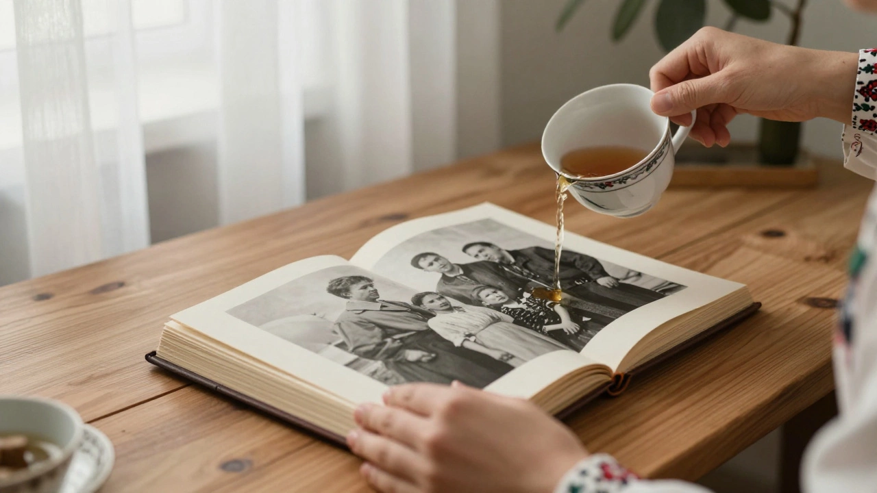 Hands placing a family photo album and pouring tea in a softly lit room with traditional details.