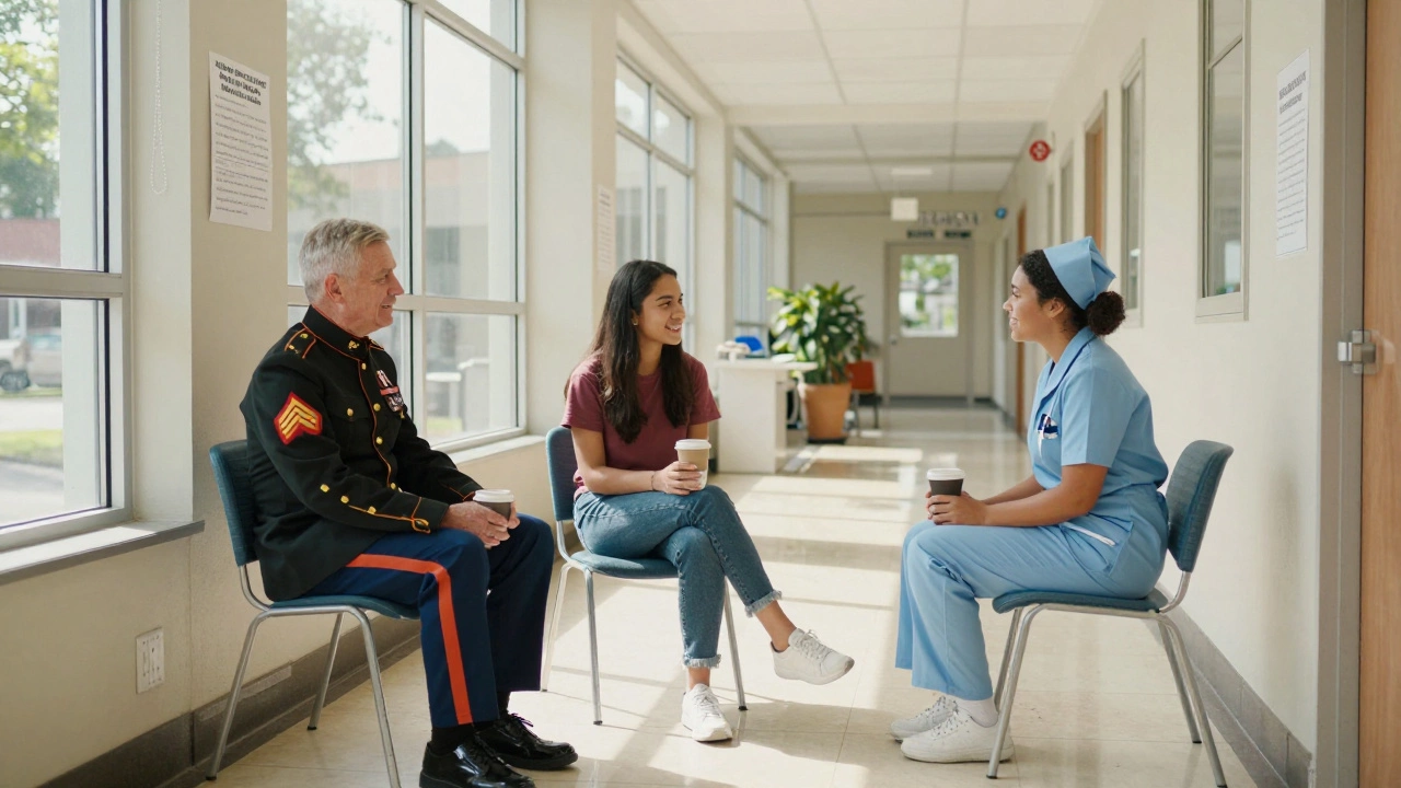 Three individuals share coffee in a sunlit community center, surrounded by support service flyers.